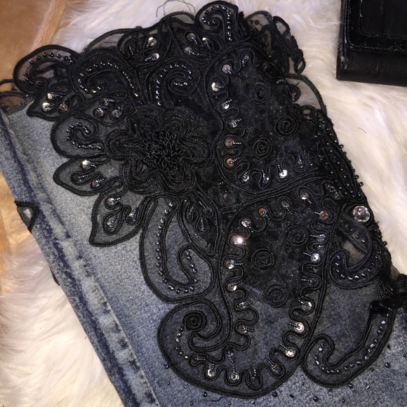 Designer Black Appliqué Denim Jeans - Picture 2 of 4